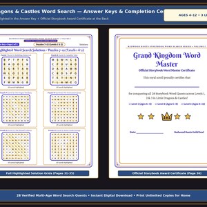 May include: A Little Dragons & Castles word search activity set featuring answer keys for puzzles 7-12 and a Grand Kingdom Word Master award certificate. The pages include highlighted solution grids and a royal scroll design with star and crown icons.