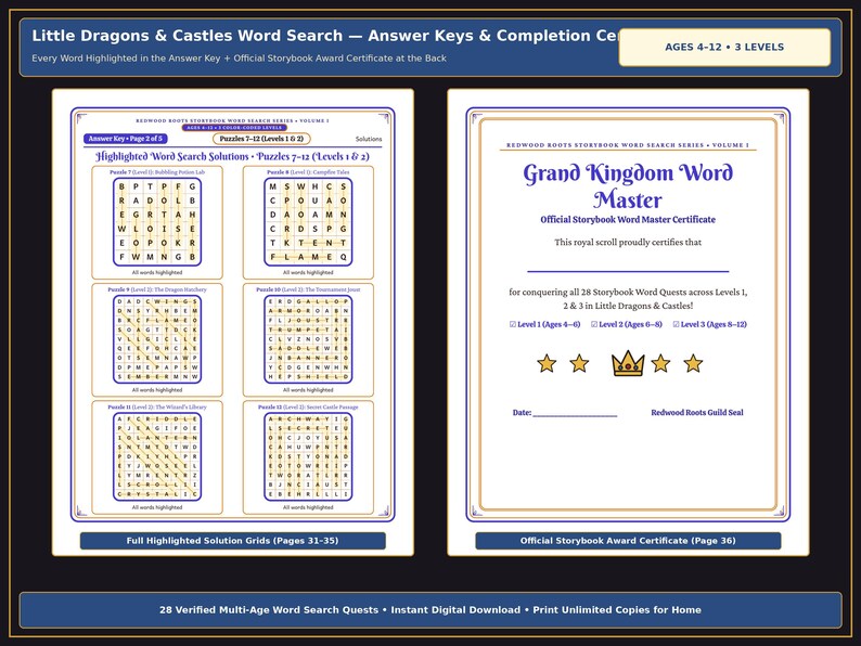 May include: A Little Dragons & Castles word search activity set featuring answer keys for puzzles 7-12 and a Grand Kingdom Word Master award certificate. The pages include highlighted solution grids and a royal scroll design with star and crown icons.