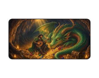 Alfombrilla de escritorio fantástica "Canción de cuna del dragón", alfombrilla de ratón grande para juegos, alfombrilla de escritorio RPG de 16x32, regalo para bardo dragón durmiente