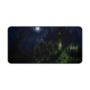 Alfombrilla de escritorio de fantasía Caballero de la Muerte con foso iluminado por la luna, alfombrilla de ratón grande para juegos, alfombrilla de escritorio RPG de 16x32, regalo para jugadores imagen 1