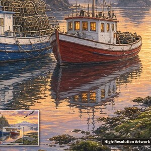 May include: A painting of two fishing boats floating on calm water at sunset. One boat is blue with stacked lobster traps, the other is red and white. A small seal rests on a rocky, mossy shore in the foreground. A small inset shows the full scene.