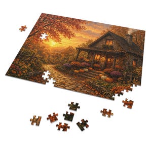 Cozy Cottage Seasons Stone Cottage Sunset Jigsaw Puzzle, Fall Porch, Tin Box (252 Pieces) image 2