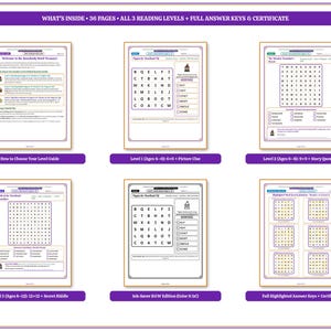 May include: A 36-page educational word search activity book featuring three distinct reading levels, answer keys, and a certificate. The pages include a level guide, word puzzles with picture clues, story questions, and black and white ink-saver versions.