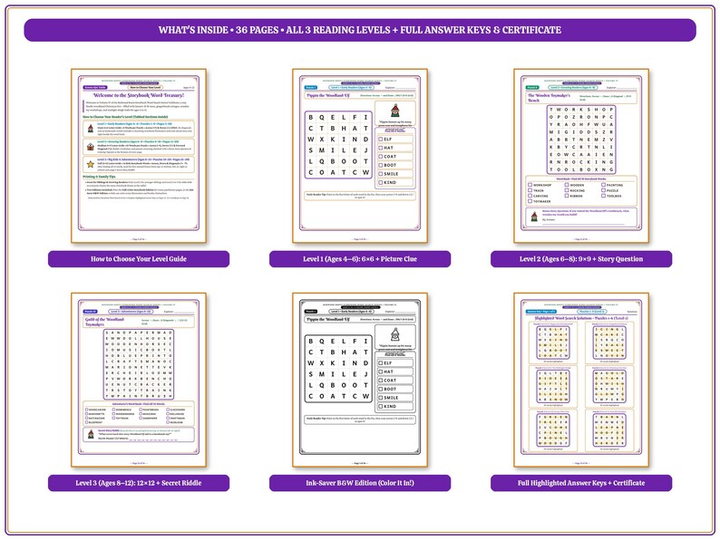 May include: A 36-page educational word search activity book featuring three distinct reading levels, answer keys, and a certificate. The pages include a level guide, word puzzles with picture clues, story questions, and black and white ink-saver versions.
