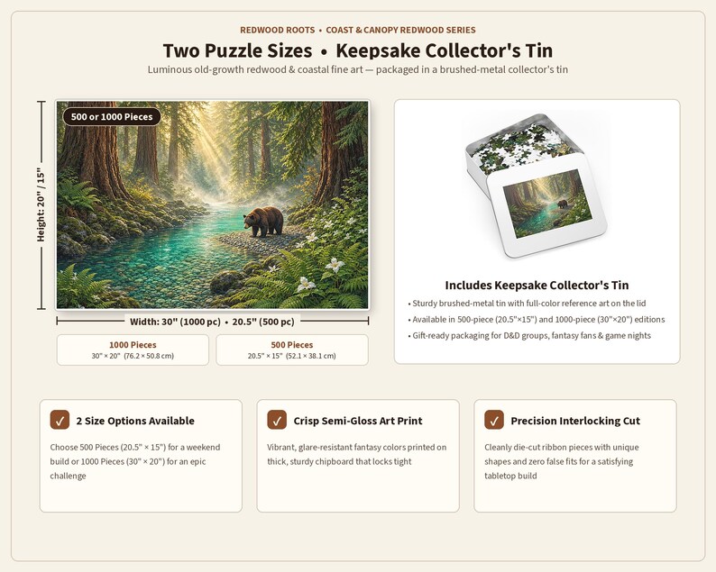 Pu&ograve; includere: Un puzzle raffigurante un paesaggio boschivo con un orso vicino a un ruscello, disponibile in 500 o 1000 pezzi. Il set include una scatola da collezione in metallo spazzolato. Dimensioni: 52,1 cm per 38,1 cm o 76,2 cm per 50,8 cm.