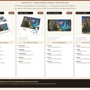 May include: A product comparison chart for the Starlight Waterfall Harp Bard collection, featuring four options: a 1000-piece puzzle in a tin, a 500-piece puzzle in a tin, an XL gaming desk mat measuring 31.5 by 15.5 inches, and a 5.75 by 8 inch hardcover journal.