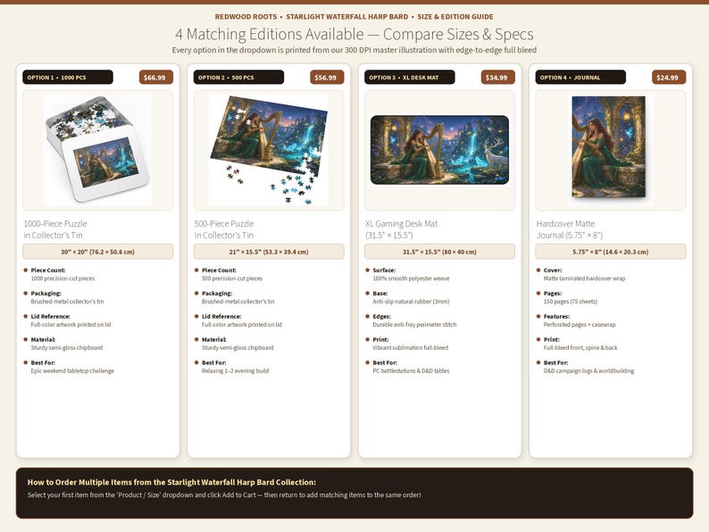 May include: A product comparison chart for the Starlight Waterfall Harp Bard collection, featuring four options: a 1000-piece puzzle in a tin, a 500-piece puzzle in a tin, an XL gaming desk mat measuring 31.5 by 15.5 inches, and a 5.75 by 8 inch hardcover journal.