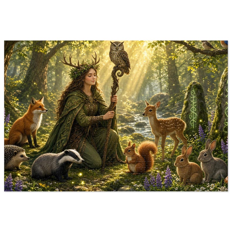 Druid Fantasy Jigsaw Puzzle, Enchanted Forest Animals, 1000 or 500 Pieces (Tin Box) zdjęcie 1