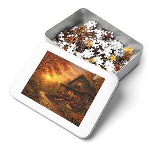 Cozy Cottage Seasons Stone Cottage Sunset Jigsaw Puzzle, Fall Porch, Tin Box (252 Pieces) image 3