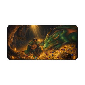 Fantasy bureauonderlegger met drakenslaapliedje, grote gaming muismat, 16x32 RPG bureauonderlegger, cadeau met slapende draak en bard