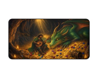 Dragon's Lullaby Fantasy Desk Mat, Large Gaming Mouse Pad, 16x32 RPG Desk Pad, Sleeping Dragon Bard Gift