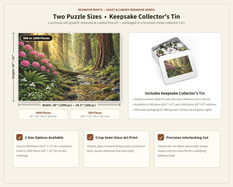 May include: A jigsaw puzzle featuring a forest scene with redwood trees, a stream, and pink rhododendrons. The product includes a brushed-metal collector's tin with reference art. Available in 500 pieces (20.5" x 15") or 1000 pieces (30" x 20").