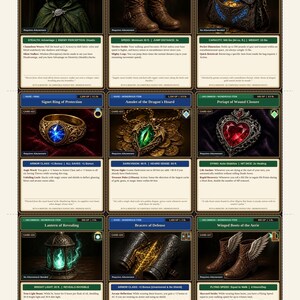 Pu&ograve; includere: Un foglio stampabile di nove carte oggetto per giochi di ruolo fantasy intitolato Wondrous Items, Elven Cloaks & Rings. Le carte presentano illustrazioni di un mantello verde, stivali marroni, una borsa in pelle, un anello d'oro, un amuleto del drago, un ciondolo a cuore, una lanterna, bracciali e stivali alati con descrizioni testuali dettagliate.