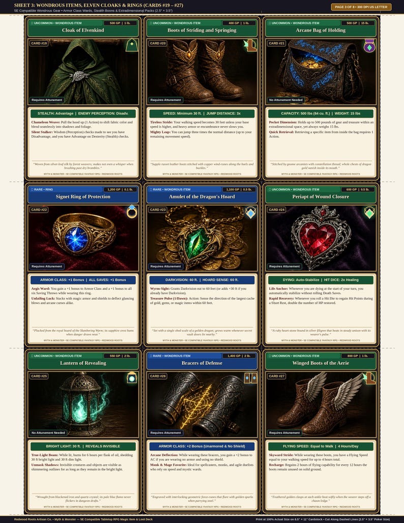 Pu&ograve; includere: Un foglio stampabile di nove carte oggetto per giochi di ruolo fantasy intitolato Wondrous Items, Elven Cloaks & Rings. Le carte presentano illustrazioni di un mantello verde, stivali marroni, una borsa in pelle, un anello d'oro, un amuleto del drago, un ciondolo a cuore, una lanterna, bracciali e stivali alati con descrizioni testuali dettagliate.