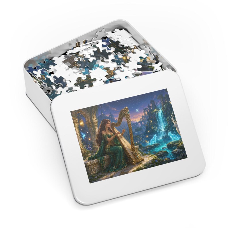 Starlight Waterfall Harp Bard Fantasy Puzzle in Tin, XL Gaming Desk Mat or Hardcover Journal - Elven Stag and Wolves Art - Redwood Roots image 2