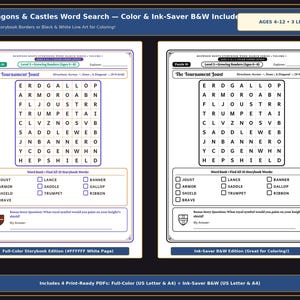 May include: A printable word search activity titled Little Dragons & Castles featuring two versions: a full-color edition with a shield icon and a black and white ink-saver edition. Both pages include a 9x9 grid, a word bank, and bonus questions.