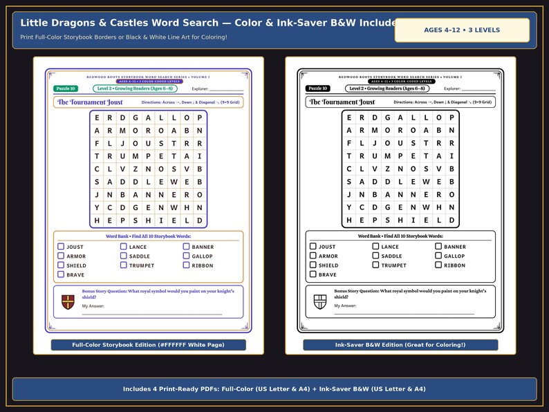 May include: A printable word search activity titled Little Dragons & Castles featuring two versions: a full-color edition with a shield icon and a black and white ink-saver edition. Both pages include a 9x9 grid, a word bank, and bonus questions.