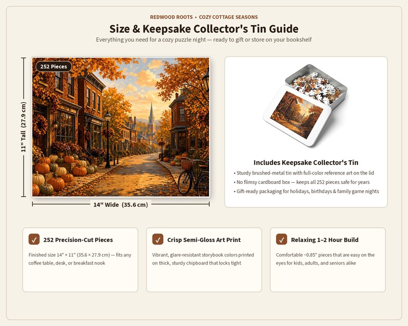 Rompecabezas "Cozy Cottage Seasons Autumn Main Street", "Pueblo pequeño", caja de metal (252 piezas) imagen 7