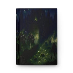 May include: A hardcover journal featuring a dark fantasy illustration of two armored figures standing before a glowing green castle gate, with a swampy foreground filled with luminous green orbs and jagged stone structures under a night sky.