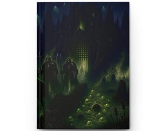 May include: A hardcover journal featuring a dark fantasy illustration of two armored figures standing before a glowing green castle gate, with a swampy foreground filled with luminous green orbs and jagged stone structures under a night sky.