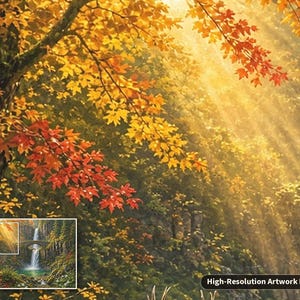 May include: A landscape artwork featuring a waterfall cascading over a rocky cliff beneath a stone bridge, surrounded by dense forest foliage in vibrant shades of orange, yellow, and red, with golden sunlight filtering through the trees.