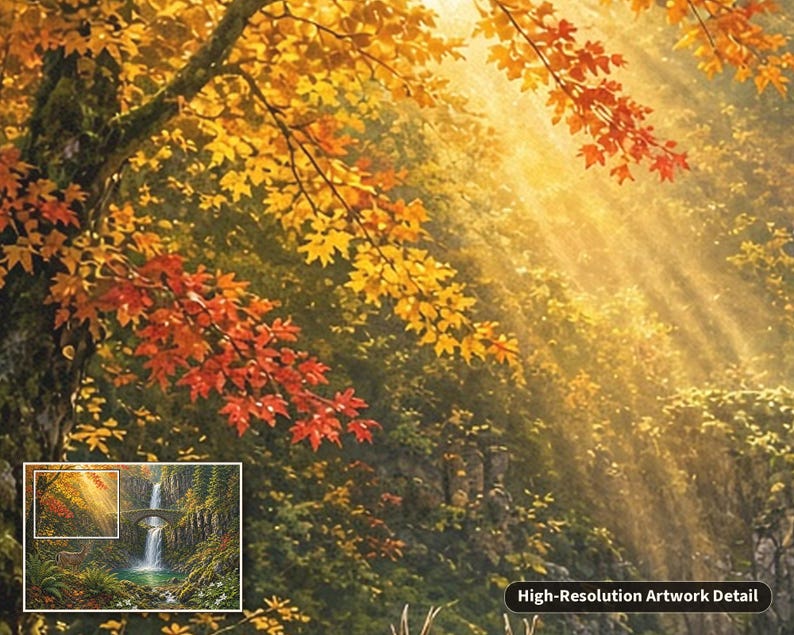 May include: A landscape artwork featuring a waterfall cascading over a rocky cliff beneath a stone bridge, surrounded by dense forest foliage in vibrant shades of orange, yellow, and red, with golden sunlight filtering through the trees.