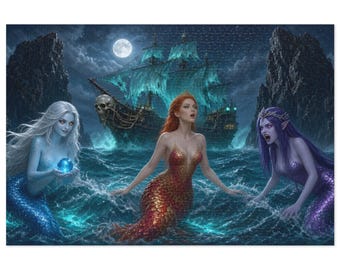 May include: A jigsaw puzzle illustration featuring three mermaids in a turbulent ocean. One has white hair and a blue tail, one has red hair and a gold tail, and one has purple hair and a purple tail. A ghost ship with a skull figurehead floats behind them under a full moon.