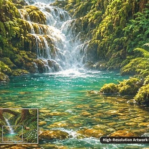 Pu&ograve; includere: Un dettaglio di un'opera d'arte ad alta risoluzione che mostra una cascata che scorre in una piscina turchese limpida. Il paesaggio circostante &egrave; pieno di rocce coperte di muschio, felci verdi rigogliose e fogliame.