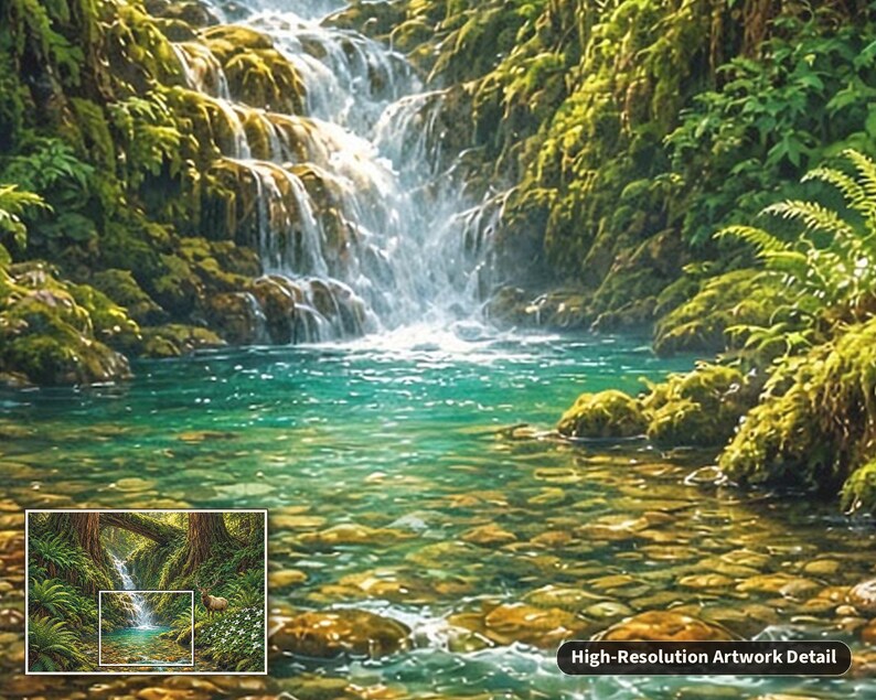 Pu&ograve; includere: Un dettaglio di un'opera d'arte ad alta risoluzione che mostra una cascata che scorre in una piscina turchese limpida. Il paesaggio circostante &egrave; pieno di rocce coperte di muschio, felci verdi rigogliose e fogliame.