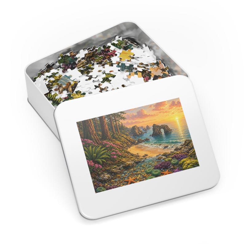 Redwood Secret Cove and Golden Sea Stacks Jigsaw Puzzle in Collectors Tin (500 and 1000 Piece) - Coastal Redwoods Beach - Redwood Roots image 3