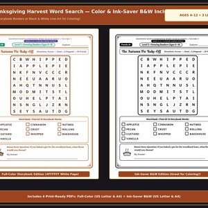 May include: Two printable word search activity sheets titled The Autumn Pie Bake-Off. One sheet features a brown border, the other is black and white. Each includes a 9x9 letter grid, a word bank with ten words, and a bonus story question.