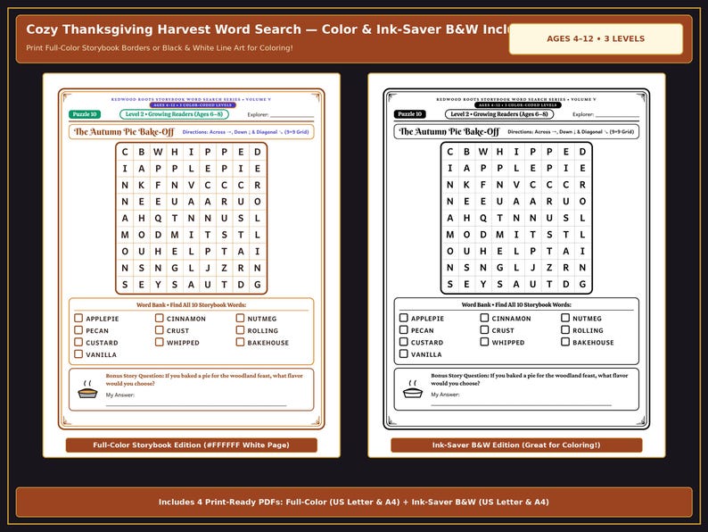 May include: Two printable word search activity sheets titled The Autumn Pie Bake-Off. One sheet features a brown border, the other is black and white. Each includes a 9x9 letter grid, a word bank with ten words, and a bonus story question.