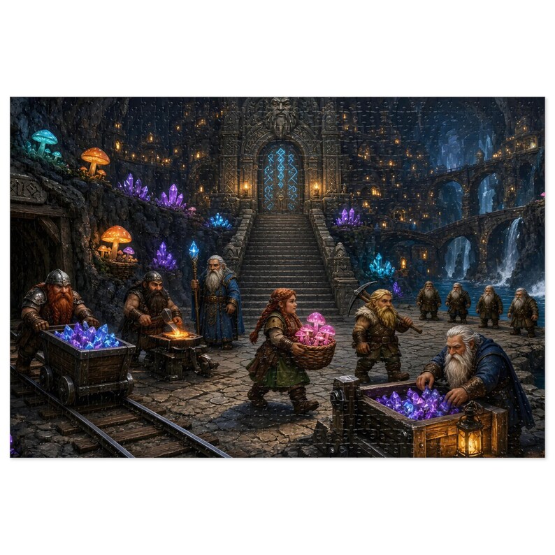 Dwarven City Fantasy Jigsaw Puzzle in Tin, 1000 or 500 Pieces, Underground Mine Cave Puzzle Gift image 1