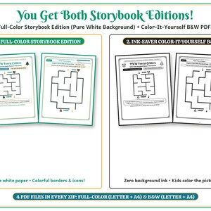 Op de afbeelding: Een digitale productset getiteld You Get Both Storybook Editions met twee versies van een doolhof-activiteitspagina: een full-colour editie met groene randen en een zwart-wit inktbesparende editie. Bevat vier PDF-bestanden in letter en A4-formaat.