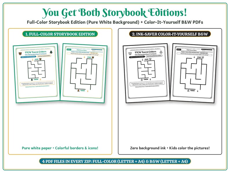 Op de afbeelding: Een digitale productset getiteld You Get Both Storybook Editions met twee versies van een doolhof-activiteitspagina: een full-colour editie met groene randen en een zwart-wit inktbesparende editie. Bevat vier PDF-bestanden in letter en A4-formaat.