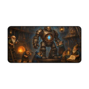 Gnome Tinker's Workshop Fantasy Desk Mat, Large Gaming Mouse Pad, 16x32 RPG Desk Pad, Artificer Gamer Gift image 1