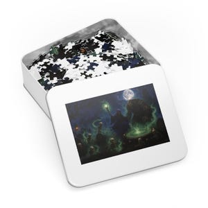 Necromancer Fantasy Jigsaw Puzzle in Tin, 1000 or 500 Pieces, Spooky Skeleton Graveyard Puzzle Gift image 3