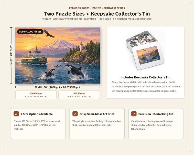 May include: A jigsaw puzzle featuring a Pacific Northwest landscape with a ferry, orcas, a lighthouse, and a mountain at sunset. The set includes a brushed-metal collector's tin with the artwork on the lid. Available in 500 pieces at 20.5 by 15 inches or 1000 pieces at 30 by 20 inches.