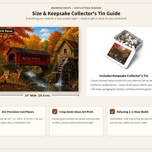 Cozy Cottage Seasons Autumn Bridge Jigsaw Puzzle, Covered Bridge Mill, Tin Box (252 Pieces) imagen 7