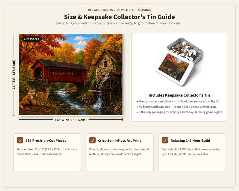 Cozy Cottage Seasons Autumn Bridge Jigsaw Puzzle, Covered Bridge Mill, Tin Box (252 Pieces) imagen 7