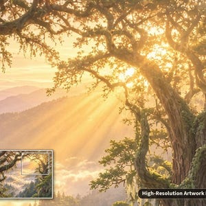 May include: A landscape artwork featuring a large, textured tree in the foreground with golden sunlight streaming through its branches, illuminating a misty mountain valley below. The text High-Resolution Artwork Detail is visible.