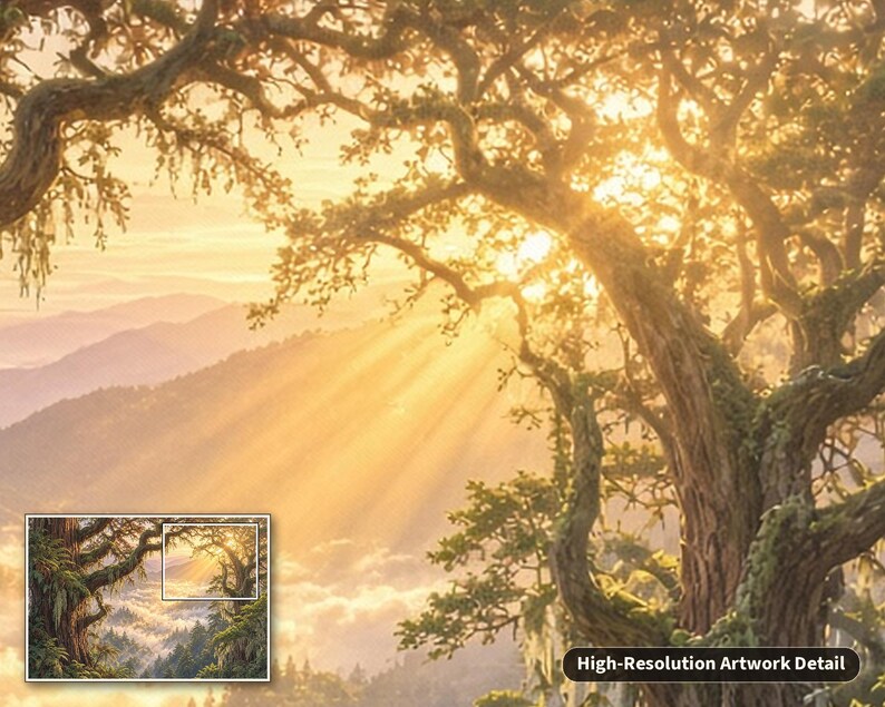 May include: A landscape artwork featuring a large, textured tree in the foreground with golden sunlight streaming through its branches, illuminating a misty mountain valley below. The text High-Resolution Artwork Detail is visible.