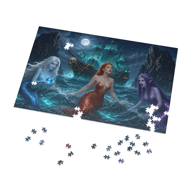 Phantom Galleon and Sirens Reef Jigsaw Puzzle in Collectors Tin (500 and 1000 Piece) - Dark Fantasy Ghost Ship and Mermaids - Redwood Roots image 2