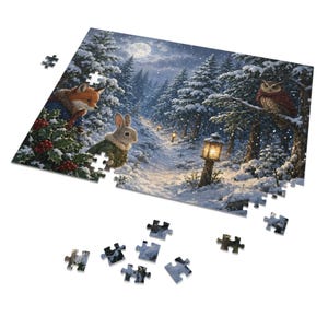 Cozy Cottage Seasons Moonlit Forest Path Jigsaw Puzzle, Fox and Owl Friends, Tin Box (252 Pieces) image 2