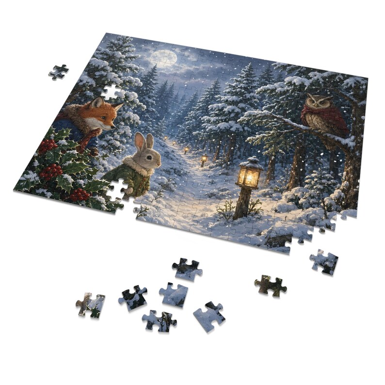 Cozy Cottage Seasons Moonlit Forest Path Jigsaw Puzzle, Fox and Owl Friends, Tin Box (252 Pieces) image 2