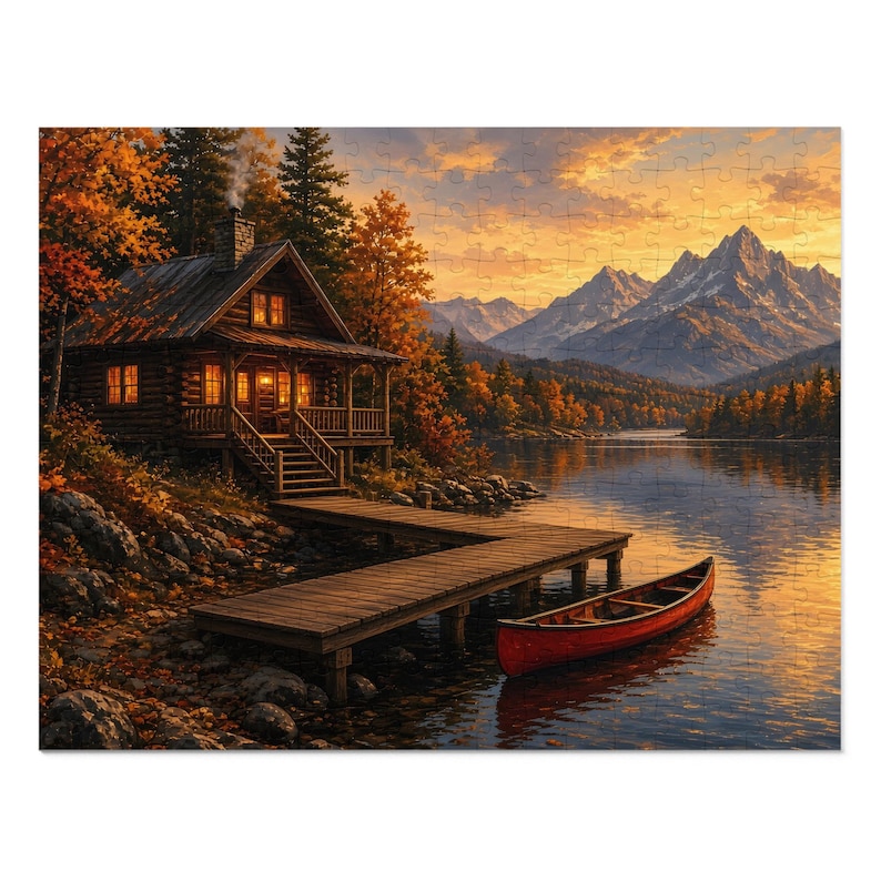 Cozy Cottage Seasons Lakeside Cabin Jigsaw Puzzle, Mountain Lake, Tin Box (252 Pieces) image 1