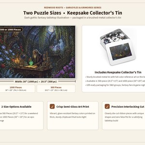 May include: A jigsaw puzzle from the Redwood Roots Gargoyles & Grimoires series featuring a dark fantasy illustration of a wizard in a forest. The set includes a brushed-metal collector's tin and is available in 500-piece or 1000-piece sizes.