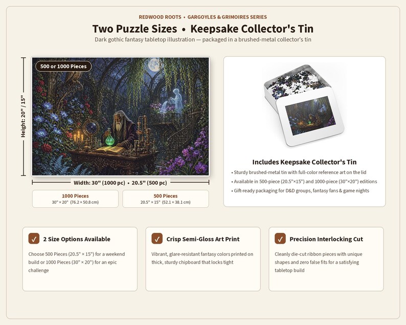 May include: A jigsaw puzzle from the Redwood Roots Gargoyles & Grimoires series featuring a dark fantasy illustration of a wizard in a forest. The set includes a brushed-metal collector's tin and is available in 500-piece or 1000-piece sizes.