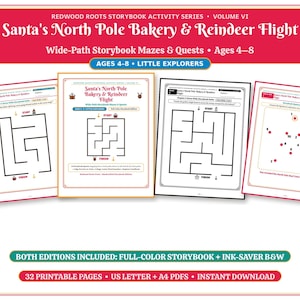 Könnte beinhalten: Redwood Roots Storybook Activity Series Volume VI Santa's North Pole Bakery & Reindeer Flight mit Labyrinthen und Quests für 4- bis 8-Jährige. Enthält 32 druckbare Seiten in Vollfarbe sowie in einer tintensparenden Schwarz-Weiß-Version.