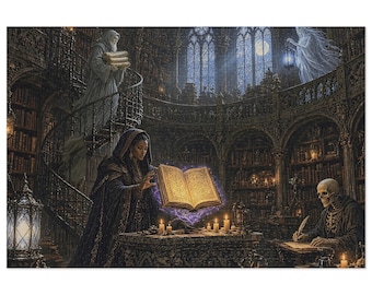 May include: A fantasy art print depicting a library interior with a hooded figure casting a spell on an open glowing book. A skeleton writes at a desk, a ghost floats near a window, and a robed figure climbs a spiral staircase.